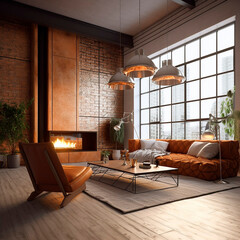 Room interior: loft-style living room with a futuristic fireplace. Generative AI.