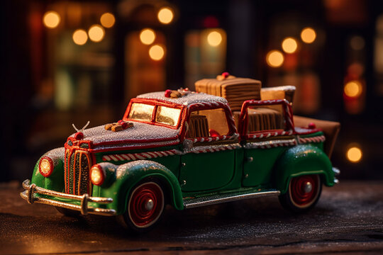 Gingerbread vintage car Christmas illustration. Generative AI