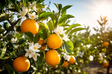 orange tree with oranges and flowers-Ai
