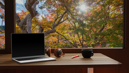 Laptop on the table concept work from anywhere.