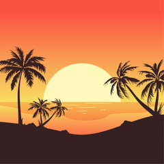 Naklejka na ściany i meble beach background with sunset and palm trees, summer background
