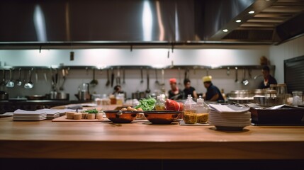 Fototapeta premium Illustration of modern professional kitchen with cooks preparing food. Spacious indoor background with copy space. AI generative image.