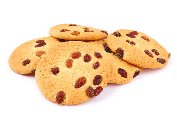 Round cookies with raisins on white background