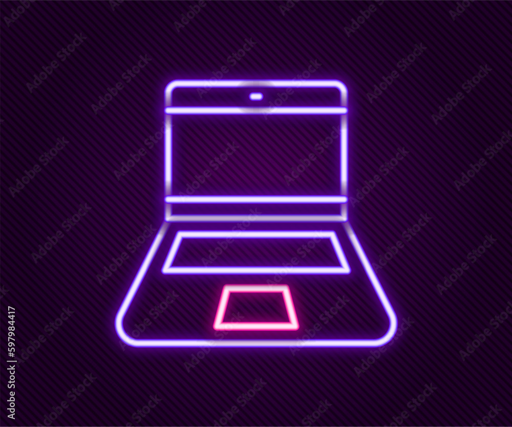 Poster glowing neon line laptop icon isolated on black background. computer notebook with empty screen sign
