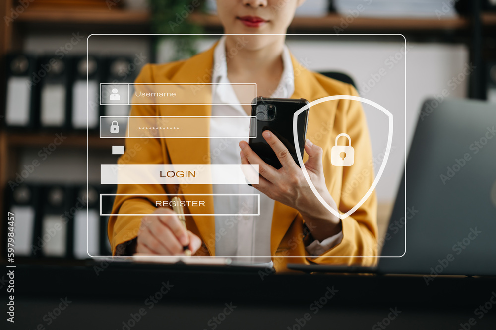 Poster cyber security concept, login, user, identification information security and encryption, secure acce