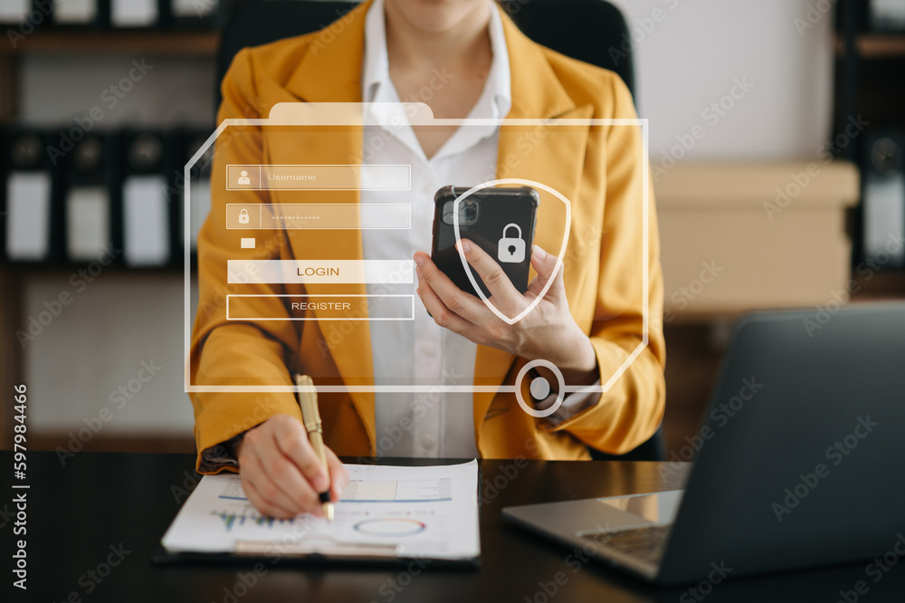 Poster cyber security concept, login, user, identification information security and encryption, secure acce
