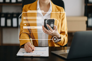 Cyber security concept, Login, User, identification information security and encryption, secure access to user's personal information woman using smart phone and tablet .