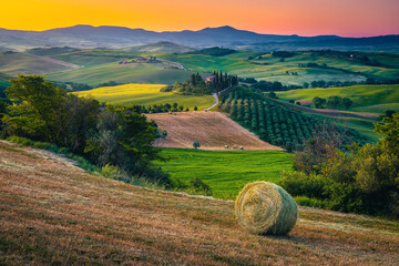 Agricultural landscape with hay bale on the hill in Tuscany