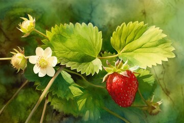 ripe wild strawberries, watercolor -Ai