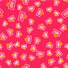 Line Hand inserting coin to a slot on a vending machine or arcade machine icon isolated seamless pattern on red background. Vector