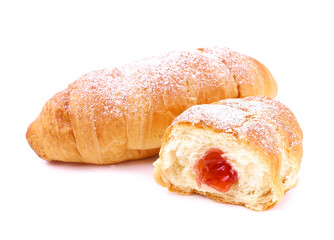 Croissant with strawberry jam on white background