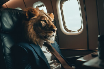 Lion businessman flies in an airplane on a private flight, AI