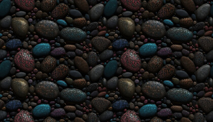 Seamless background texture of pebbles and soil, stone in dark colors. Generative AI