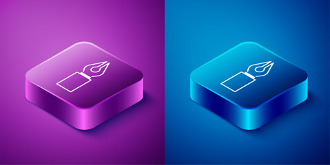 Isometric Fountain pen nib icon isolated on blue and purple background. Pen tool sign. Square button. Vector