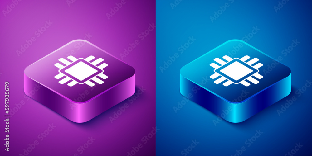 Poster Isometric Computer processor with microcircuits CPU icon isolated on blue and purple background. Chip or cpu with circuit board. Micro processor. Square button. Vector