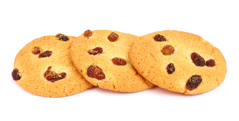 Round cookies with raisins on white background
