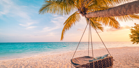 Relax vacation leisure lifestyle on exotic tropical island beach, palm tree hammock hanging calm...