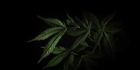 AI Generated. AI Generative. Photo macro shot of realistic cannabis leaves on dark moody black background. Can be used for medicine promotion or graphic design. Graphic Art