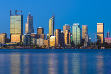 skyline of perth at night by swan river in western australia, australia