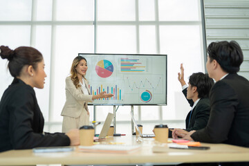 Questions, leadership or business people in a meeting or presentation asking faq or giving creative ideas.