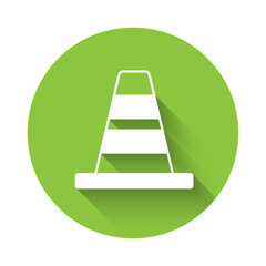 White Traffic cone icon isolated with long shadow background. Green circle button. Vector