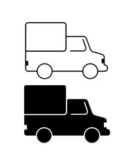 Delivery truck icon vector illustration with black and white color isolated in white background. Flat vector illustration. Delivery truck symbol for web design, templates, infographics, and more.