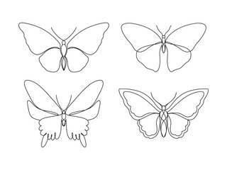 Set of simple hand drawn one line butterflies. Minimalistic tattoo of single line butterfly.