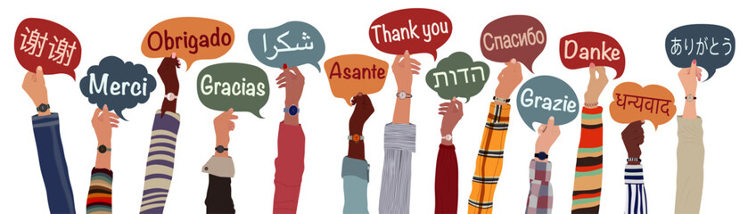 Raised arms and hands of multicultural people from different nations and continents holding speech bubbles with text -thank you- in various international languages.Communication.Equality