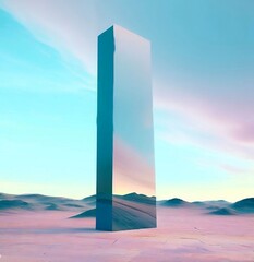 a mirror monolith standing in the desert, light blue and pink sky, surreal, digital art, photorealistic. AI Generated Image. 