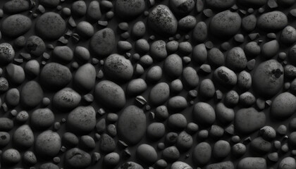 Seamless background texture of pebbles and soil, stone in dark colors. Generative AI