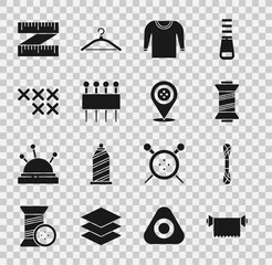 Set Textile fabric roll, Yarn, Sewing thread, Sweater, Needle for sewing, Adjustable embroidery hoop, Tape measure and Location tailor shop icon. Vector