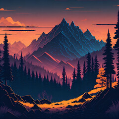 illustration pictures in digital paintings of natural landscapes with mountains, rivers and trees