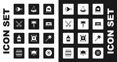 Set Magic rune, Battle hammer, Medieval arrows, Chicken leg, King crown, Hunting horn, Mace with spikes and Whiskey bottle icon. Vector