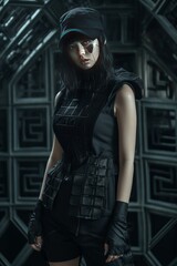 Obraz na płótnie Canvas Shot of a beautiful girl in a futuristic techwear outfit.generative ai
