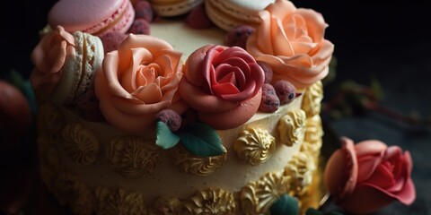 Cake with decorative flowers, Generative AI
