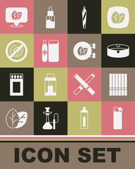 Set Lighter, Cigarette, Ashtray, Marijuana joint, spliff, Electronic cigarette, No tobacco leaf, Tobacco and shop icon. Vector