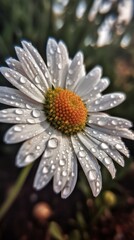 Close-up of Beautiful White Daisy Flower with Dew Drops on Petals. Generative AI.