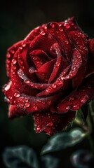 Vibrant Red Rose with Dew Drops and Cinematic Flair. Generative AI.