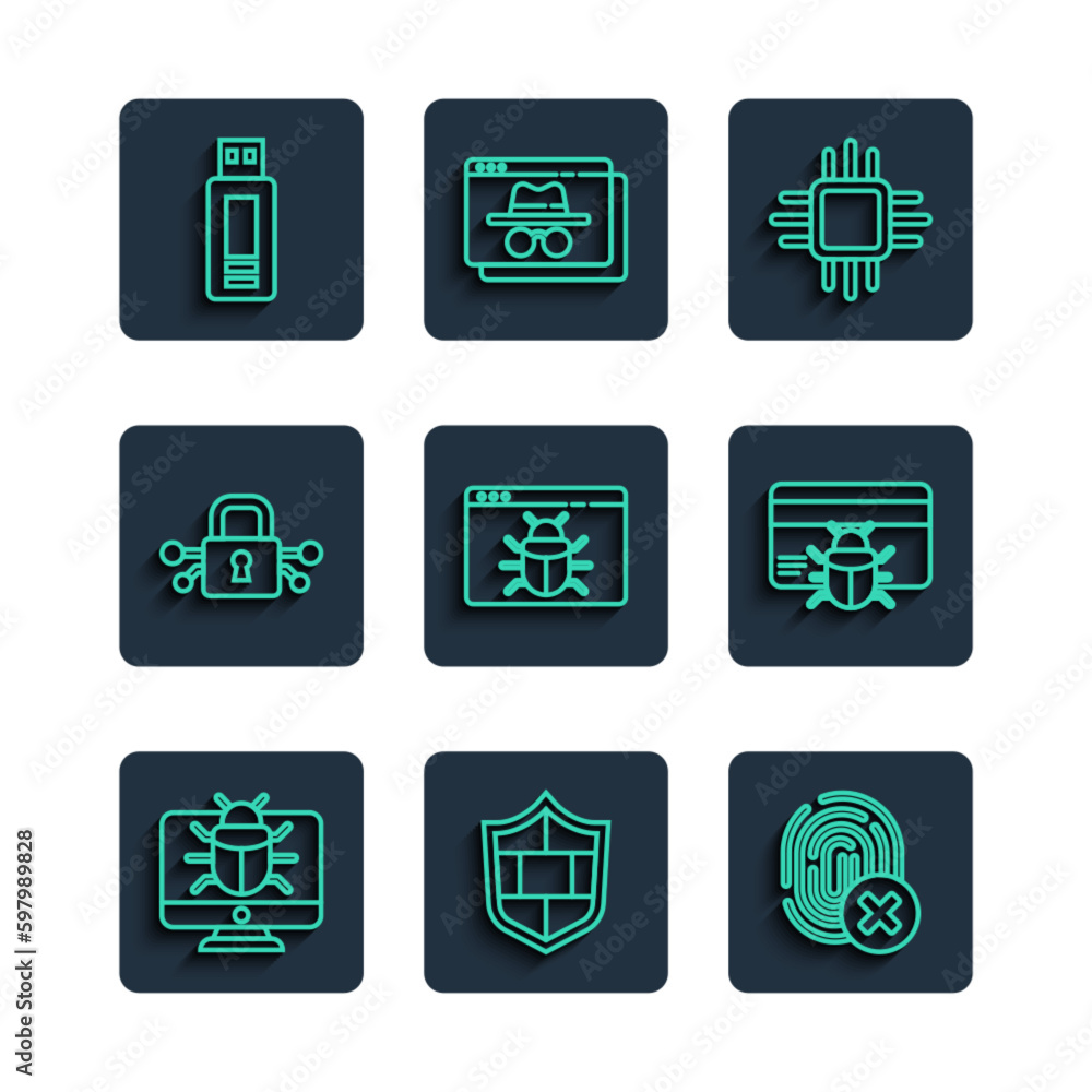 Poster set line system bug on monitor, shield with brick wall, cancelled fingerprint, processor microcircui