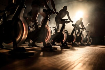 Row of spinning bikes in a gym with participants legs in motion.

