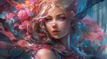 Title: Illustration of a Fantasy woman and abstract art, AI Generated.