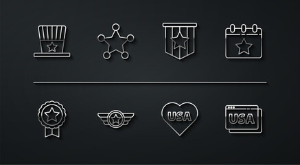 Set line Patriotic American top hat, Medal with star, Calendar date July 4, USA Independence day, Star military, Hexagram sheriff, on browser and flag icon. Vector