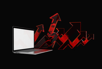 Modern laptop  isolated on dark background with arrow chart. 3D Illustration.