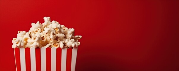 Striped red box with popcorn on a distinct red background with copy space, cinema and movies background, AI generated
