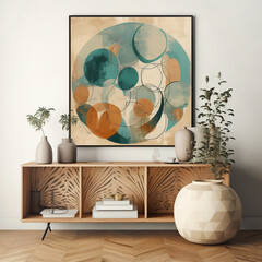 Wooden cabinet and art poster on white wall. Interior design of mid-century living room. Created with generative AI