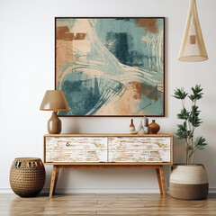 Wooden distressed cabinet and art poster on white wall. Interior design of modern living room. Created with generative AI