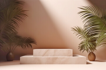 Marble podium for the presentation of your product. Interior template with palm leaves. Beige pastel background for your design. Created with generative Ai
