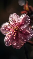 Close-up Shot of Delicate Pink Cherry Blossom Flower with Dew. Generative AI.