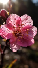 Close-up Shot of Delicate Pink Cherry Blossom Flower with Dew. Generative AI.