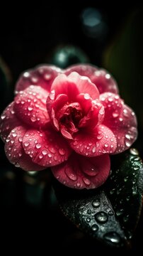 Softly Lit Pink Camellia Flower with Dew Drops on Petals. Generative AI.